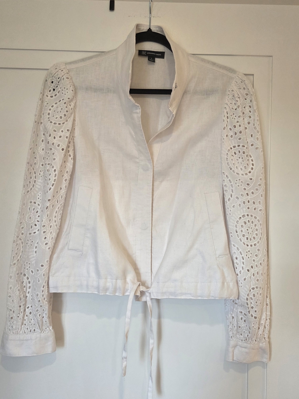 INC International Concepts White Eyelet-Trim Linen Jacket